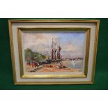 W Davies, oil on canvas of moored fishing boats, signed lower left, in unglazed gilt frame - 19.5" x