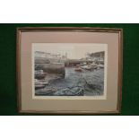 Limited Edition coloured print number 269/500 entitled Porthleven showing fishing boats at low