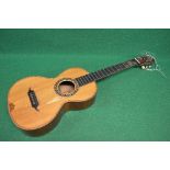 Possibly French accoustic parlour guitar having inlaid border with further Mother of Pearl inlay -