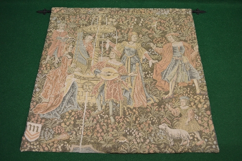 Late 20th century wall hanging tapestry showing figures dancing and playing music around a