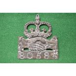 Lead fire insurance plaque of a crown over shaking hands and numbered 80585 - 7.5" wide Please