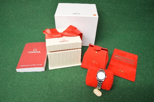 Boxed ladies Omega Aquaterra Seamaster wrist watch with Quartz movement having stainless steel strap