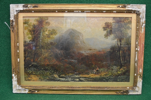 Indistinctly signed oil on board of figures on a waters edge with hills beyond, signed bottom