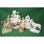 Group of five Staffordshire figures to include: donkey, seated figure of a Scotsman, horse and