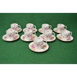Set of nine Royal Crown Derby Derby Poses XXXV floral decorated teacups and saucers with gilt