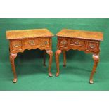 Pair of 20th century walnut lowboys the tops having moulded edge over single central drawer