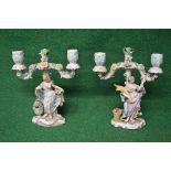 Two Meissen figural candelabra's each having two branches with leaf decorated sconces and bearing