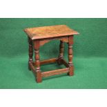 20th century oak joint style coffin stool having rectangular top with moulded edge over a shaped