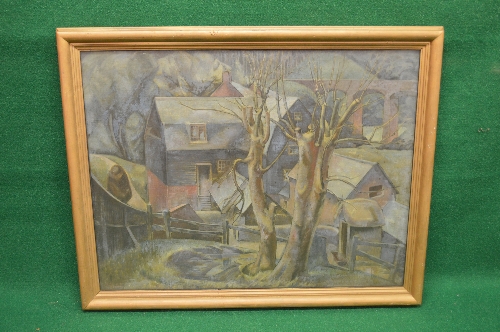 HJ Lee, oil on canvas of a country house with outbuildings and trees in the foreground, signed