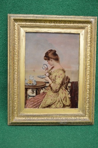 Clemens Van Den Broeck, 1843-1922, picture on glass of a young lady seated at a table by a balcony