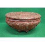 Circular lidded lacquer on straw box having raised decoration the lid having central panel decorated