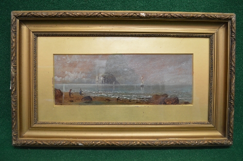 JA Buchanan, oil on board of a ship at sea with figures on a shoreline, signed and dated bottom