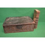 Period oak bible box having wrought iron hinges the top lifting to reveal storage space and having