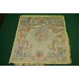 Decorative Oriental themed silk table cover having decoration of storks, blossom and bamboo with