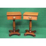 Pair of mahogany side tables having square tops over single drawer with inlaid border and brass