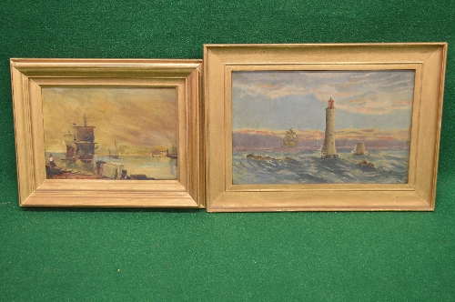 Oil on canvas of a ship and lighthouse in rough sea, initialled bottom right MGD, in unglazed gilt