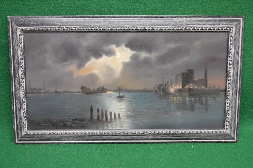 Indinstinctly signed 20th century oil on canvas of ships in a dock with cranes and buildings