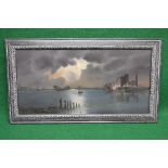 Indinstinctly signed 20th century oil on canvas of ships in a dock with cranes and buildings