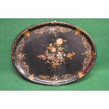 Large oval papier mache lacquered tray having floral decoration and Mother of Pearl inlay - 29.75"