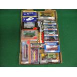 Box of mostly boxed EFE, Corgi, Dinky and Atlas buses, cars and trucks to include a Brighton &