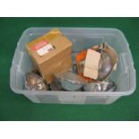 Crate of lamps and light bulbs from Lucas and Wipac including a Lucas PL Please note descriptions