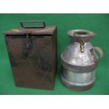 Tin and brass one gallon petrol measure contained in lidded metal transport box - 8" x 8 " x 11"