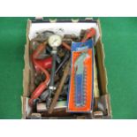 Box of tools, wheel nut braces, spanners, Enots pressure gauge, greaser etc Please note descriptions