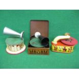 Three German tinplate clockwork toy record players to comprise: Bing Pigmy Phone (in lidded tin