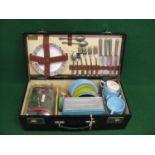 Small Coracle picnic case with original knives and forks, stoneware sandwich container, four Paragon