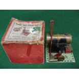 Bowman steam stationary engine with burner on a 5" x 4.5" Meccano matching base, boxed (detached