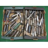 Two boxes of approx forty two various designs of grease gun Please note descriptions are not