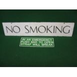 Two enamel signs comprising: No Smoking, black letters on a white ground - 28.75" x 6" and In An