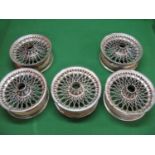 Five chromed wire wheels removed from an Aston Martin DB6 in 1994 - rim dia 16.5", width 6.5" Please