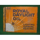 Double sided enamel sign for: Royal Daylight Oil Use For Lighting Cooking Heating, black letters