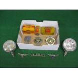 Two Marchal chromed lamps, empty Dunlop containers, badges for AA, MoT Tested, V8 Pilot and