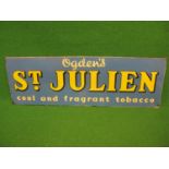 Tin sign for Ogdens St Julien Cool And Fragrant Tobacco, yellow and white letters on a blue ground -