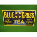 Restored enamel sign for Blue Cross Tea Fragrant Delicious In Packets And In Tins, yellow letters