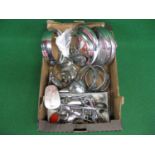Box of chromed items to include: headlight rims, wheel trims, handles etc from a Humber, Morris,