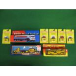 1980's/1990's Matchbox Superkings low loader with tracked excavator, Majorette mobile crane, Esso