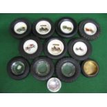 Box of miniature tyre ashtrays (Firestone, Goodyear, US Royal and Dunlop) with Veteran car china,