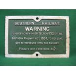 Heavy cast iron Southern Railway warning sign for Trespassing Penalty 40 Shillings, white letters