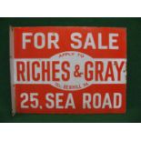 Double sided For Sale Apply To Riches & Gray, 25 Sea Road Tel. Bexhill 34 enamel sign, red and white