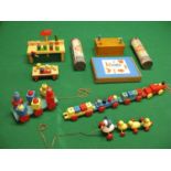 Quantity of colourful wooden toys to include: work bench and trolley, pull-a-long train, duck and