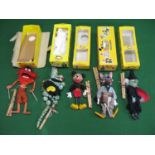 Group of five Pelham Puppets to comprise: Wolf in yellow box, Mickey Mouse in yellow window box,