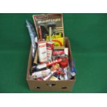 Box of mixed motoring items to include: Speedwell instrument console, glass Lucas battery filler,