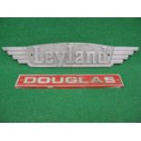 Two cast aluminium vehicle name badges: Douglas, with a red background - 13.5" x 2.5" and a slightly