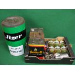 Box of oil cans and caps for Esso Extra, Thelson and Moons together with a can for Trimite and a
