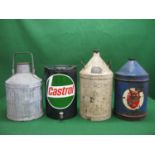 Four large cans with caps to comprise: galvanised BP Energy SAE 30, conical AAO Co. Ltd 6/- and
