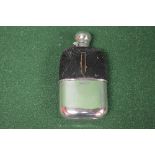 Silver and glass hip flask having leather covering and removable bottom, marked for Sheffield and