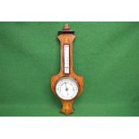 Mahogany inlaid wall barometer having white dial and black metal hands - 33.25" tall Please note